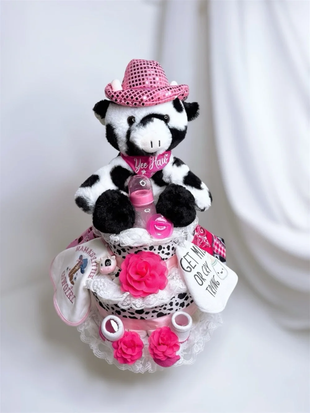 Cowgirl Diaper Cake, Cow Cake, Farm theme, Baby Shower gift